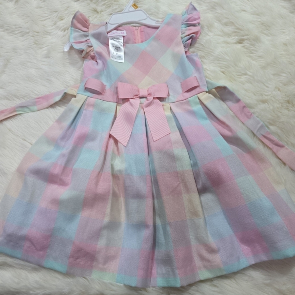 Bonnie Jean Pastel Plaid Bow-Front Dress - Pink, Mint, Cream, Lavender.